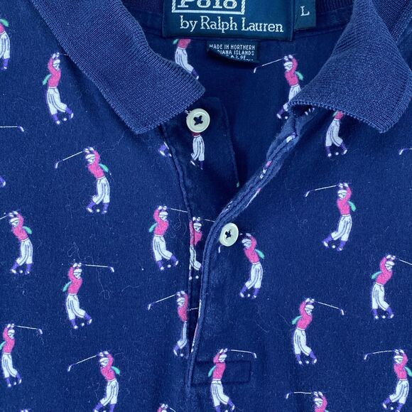 POLO RALPH LAUREN Shirt Men L Golf Polo All Over Print Golfer Cotton Jersey Blue - Picture 9 of 15